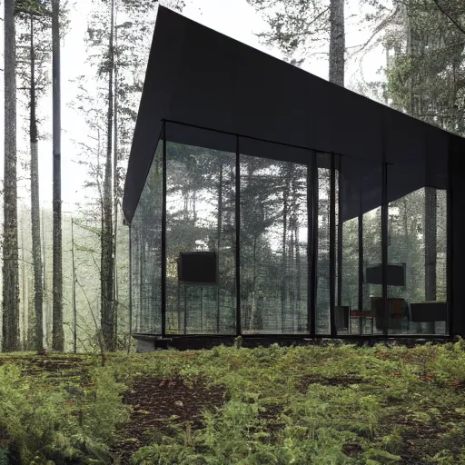 Prompt: interior photo of a crystalline glass house with translucent black mesh tarps, forest in the background, light coming through the window, light box, moody atmosphere