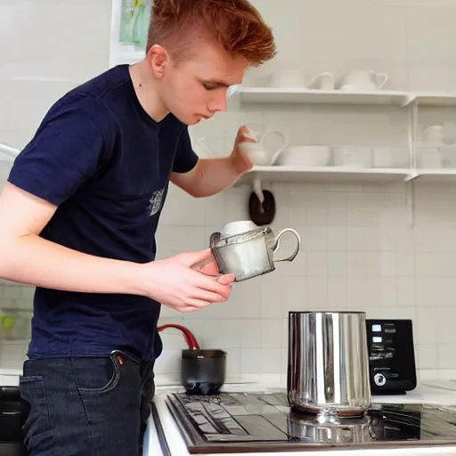 Image similar to a young british man struggling to make a cup of tea