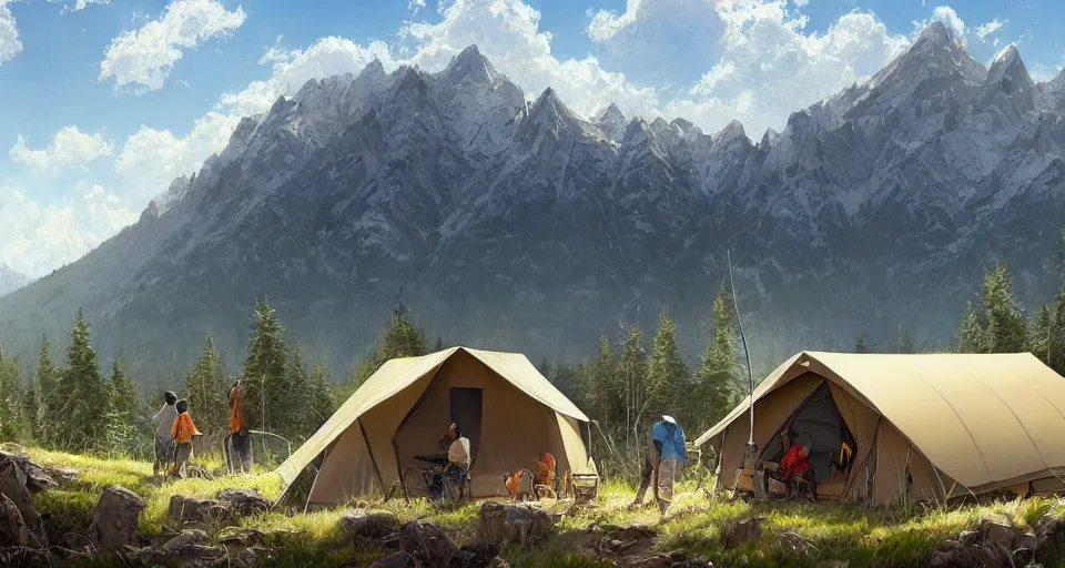 Image similar to cabela's beautiful comfortable carbon framed, modular insulated wall portable container home kit - house all weather family dwelling tent house, person in foreground, mountainous forested wilderness open fields, beautiful views, painterly concept art, environmental concept art, concept art illustration, by james gurney, by craig mullins, by greg rutkowski trending on artstation