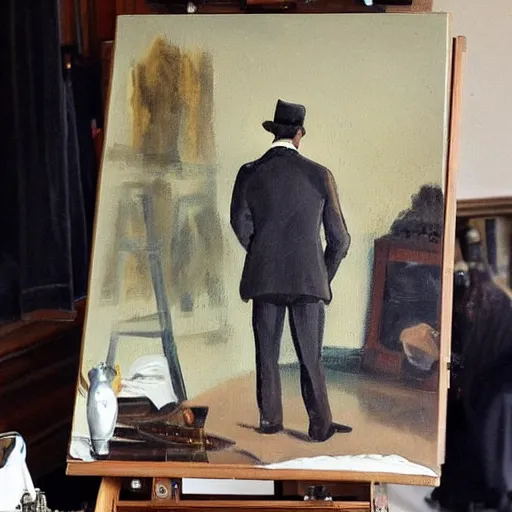 Image similar to mcgregor is dressed as a gentleman at early 2 0 th century paris. he is watching an easel. that easel has a canvas on it. ewan mcgregor has a brush on his hand. he is painting a painting. we can see his back. no background.