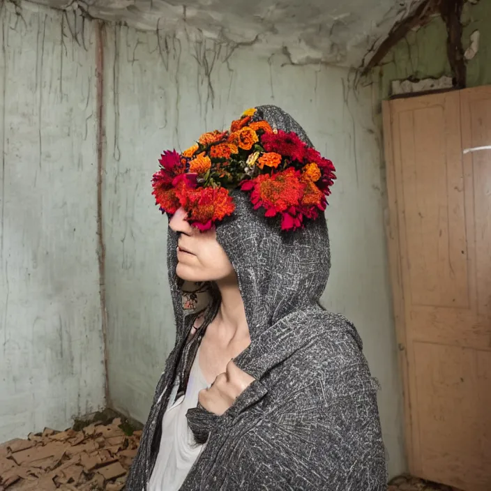 Prompt: a woman wearing a hooded cloak made of zinnias and barbed wire, in a derelict house, by Charlotte Grimm, natural light, detailed face, CANON Eos C300, ƒ1.8, 35mm, 8K, medium-format print