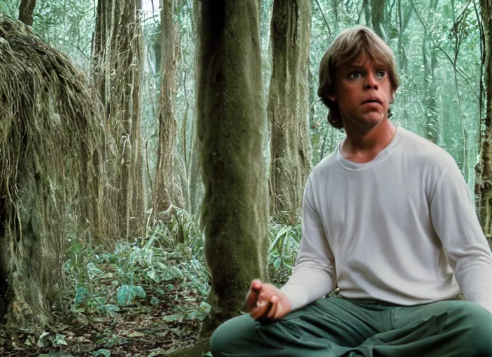 Image similar to screenshot portrait of luke skywalker at the reopening of the new jedi temple school deep within jungle. serene portrait of Mark Hammill, meditating, Photographed with Leica Summilux-M 24 mm lens, ISO 100, f/8, Kodak, Portra 400, 1988