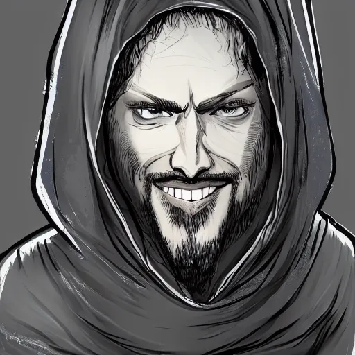 Image similar to 4 0 years old man, skinny, slim : : goatee beard, smiling : : hooded cloak : : medieval city, night, dark, grim, high detail, digital art, rpg, illustration