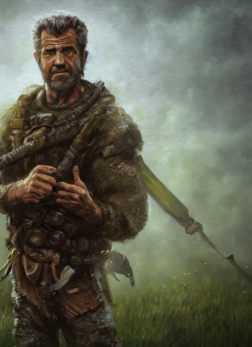 Prompt: A fantasy comic book style portrait painting of Mel Gibson as a survivalist warrior in a a post apocalyptic landscape in green mist, unreal 5, DAZ, hyperrealistic, octane render, RPG portrait, ambient light, dynamic lighting