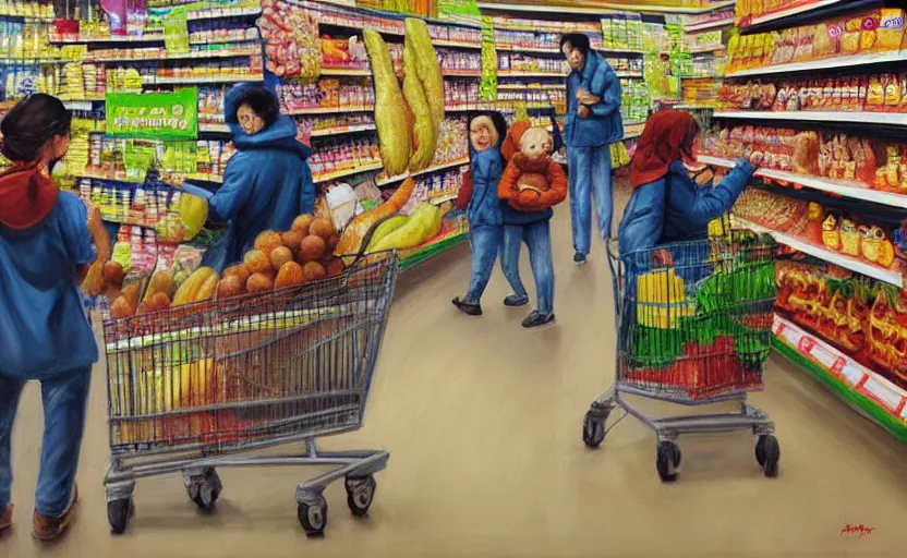 Prompt: monkeys in a supermarket buying groceries, hyperrealism oil painting, award - winning, artstation,