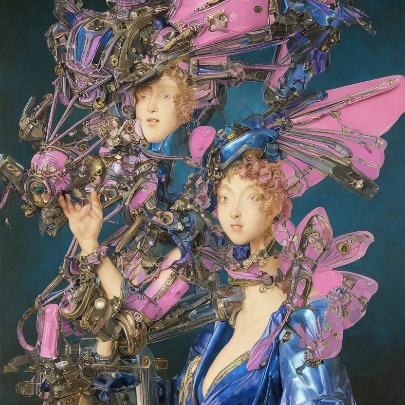 Prompt: a baroque neoclassicist renaissance portrait of a blue and pink iridescent whimsical 1 8 0 0 s japanese mecha gundam butterfly witch. reflective detailed textures. glowing eyes, dark background. highly detailed fantasy science fiction painting by moebius, norman rockwell, frank frazetta, and syd mead. rich colors, high contrast. artstation