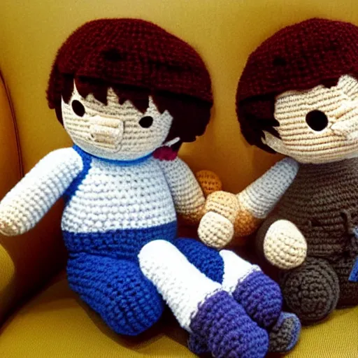 Prompt: Frodo and Balrog sitting on a couch, crochet