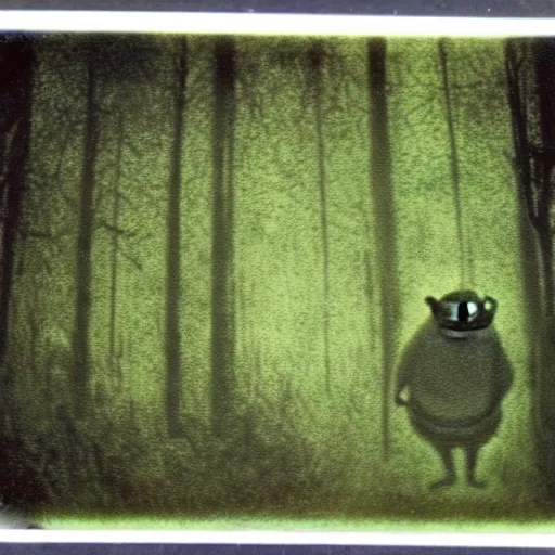 Image similar to old polaroid photo of creepy shrek staring from the depths of the dark gloomy forest, art by beksinski, bernie wrightson, john carpenter, creepy pasta, photorealistic, grainy, found footage, old film, low quality, horror, creepy, unsettling, terrifying