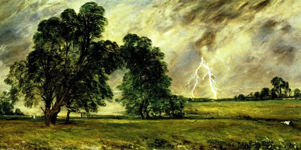 Image similar to lightning strikes a tree in the middle of a field, painting By John Constable,