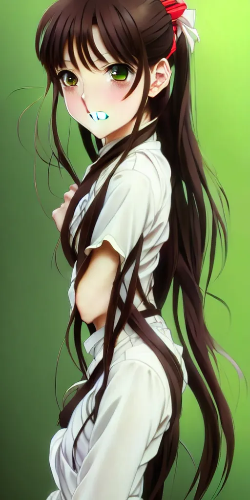 Image similar to full body of a beautiful anime high school girl, brown hair, ponytail, white ribbon, green eyes, full perfect face, western, fantasy, intricate, elegant, highly detailed, digital painting, artstation, detailed school background, matte, sharp focus, illustration, art by Artgerm, Greg Rutkowski, Alphonse Mucha, Sasoura, Satchely, no distorsion