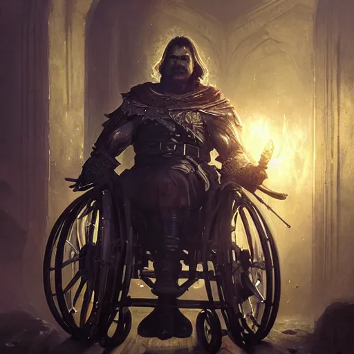 Image similar to handsome portrait of a wheelchair guy fitness posing, radiant light, caustics, heroic, smooth, one legged amputee, bloodborne gehrnan, by gaston bussiere, bayard wu, greg rutkowski, giger, maxim verehin