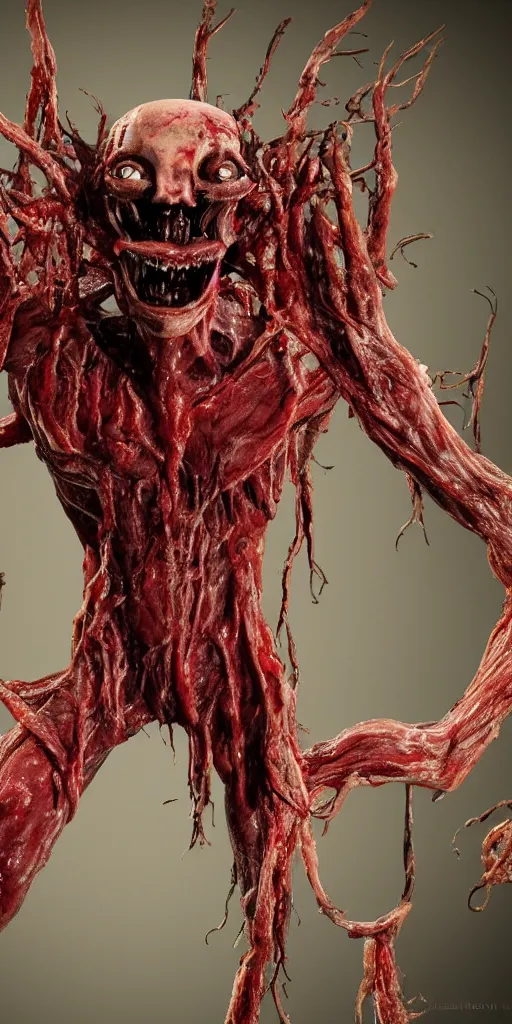 Image similar to smiling photorealistic ultra detailed humanoid creature made of decomposed bloody flesh and bones looking through the window, night, the woods, extremly detailed, 8 k, realistic, sharp focus, cosmic horror creature, cosmic horror, from the movie the thing, mysterious creature, bloody eyes, big eyes