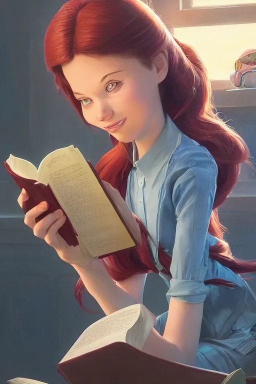 Image similar to highly detailed portrait of beautiful girl reading a book in toy story 3, detailed hands, dynamic pose, stephen bliss, unreal engine, fantasy art by greg rutkowski, loish, rhads, ferdinand knab, makoto shinkai and lois van baarle, ilya kuvshinov, rossdraws, tom bagshaw, global illumination, radiant light, detailed and intricate environment