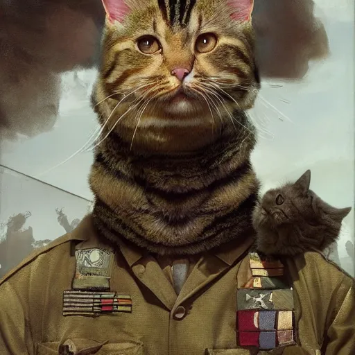 Prompt: Portrait face fuzzy ears furry ripped physique kitty cat general camouflaged as a kitty cat man wearing a military officer uniform standing atop a panzer tank charlie bowater elina brotherus greg rutkowski Dan Witz norman rockwell victo ngai