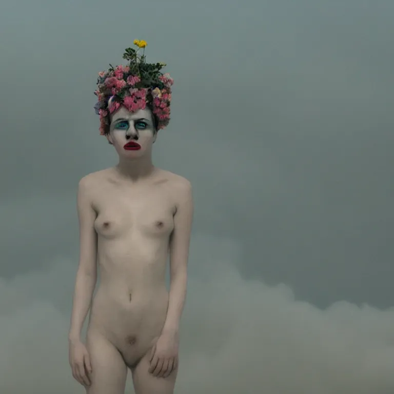 Image similar to The full body shot of beautiful pale woman with many flowers and full-face black mask inside a thick cloud black smoke in rocky desert landscape, glowing eyes, falling star on the horizon by Christopher Doyle, Gaspar Noe, Alejandro Jodorowsky, anamorphic lens, cinematic composition, award winning photo, 8k