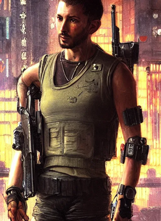 Image similar to 🧘♀. cyberpunk mercenary in a military vest ( blade runner 2 0 4 9, cyberpunk 2 0 7 7 ). orientalist portrait by john william waterhouse and james gurney and theodore ralli and nasreddine dinet, oil on canvas. cinematic, hyper realism, realistic proportions, dramatic lighting, high detail 4 k