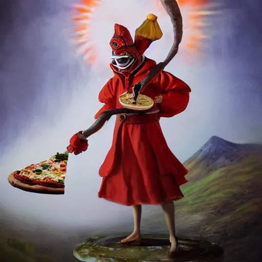 Prompt: a highly detailed pulcinella! with a pizza! margherita, full body, volcano in background, lava and smoke, ominous, detailed painting by arturo faldi, trending on deviantart, octane, masterpiece