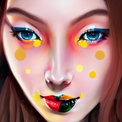 Prompt: beautiful face of girl in style spotty pointism without nose, super bright colors, colored spots, mixed liquid acrylic, painting come to life, artstation, ultradetail