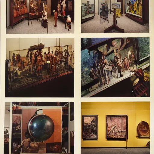 Prompt: A large format color offset photography of objects on display, anthropology of wonder, exotic artifacts, bauhaus, colonial expedition, exhibition, 60s style