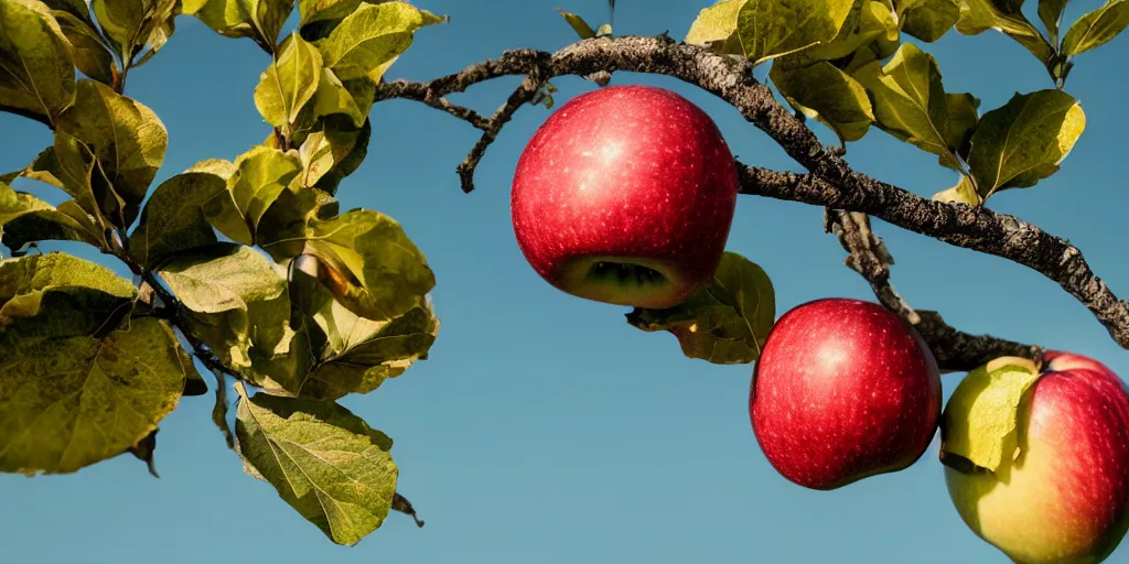 Image similar to a close - up photographic picture of an apple on a tree, photographic filter, unreal engine 5, realistic, hyperdetailed, 8 k, cinematic, volumetric lighting, very realistic effect, hd, hdr, 4 k, sharp focus, octane render, ultra detailed, high resolution, trending on artstation in the style of albert dros glowing rich colors powerful imagery