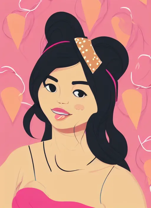 Image similar to woman, black hair, tan skin, curvy, slight resemblance to selena gomez and vanessa hudgens wearing mickey's ears headband. birthday party. clean cel shaded vector art. shutterstock. behance hd by lois van baarle, artgerm, helen huang, by makoto shinkai and ilya kuvshinov, rossdraws, illustration,