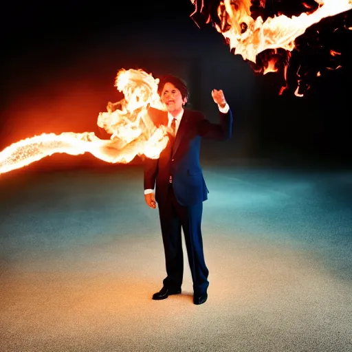 Image similar to a still of Justin Trudeau breathing fire at Obama . He's wearing a suit, dark. Studio lighting, shallow depth of field. Professional photography City at night in background, lights, colors,4K