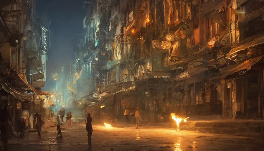 Prompt: street of prehistoric city lighten by torches during early evening, shadows, reflections, epic composition, intricate, elegant, volumetric lighting, digital painting, highly detailed, artstation, sharp focus, illustration, concept art, ruan jia, steve mccurry