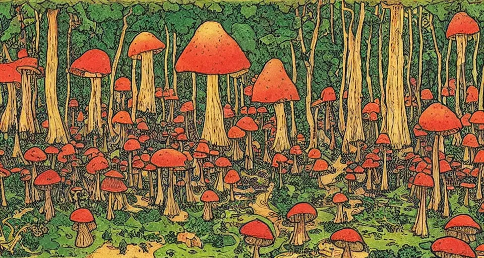 Image similar to A tribal village in a forest of giant mushrooms, by Ivan Bilibin,