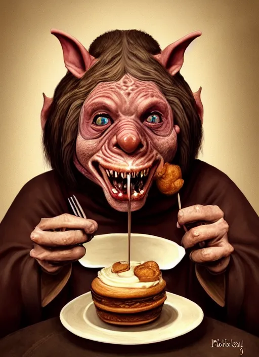 Image similar to portrait of a medieval goblin eating cakes in the cloisters beautiful face hyper realistic highly detailed digital painting artstation illustration co