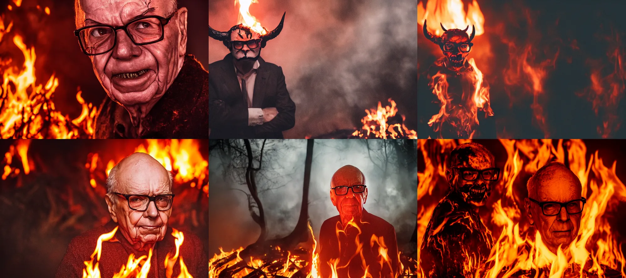 Prompt: The Devil with the face of Rupert Murdoch wearing glasses, standing in hell surrounded by fire and flames and bones and brimstone, portrait photography, depth of field, bokeh