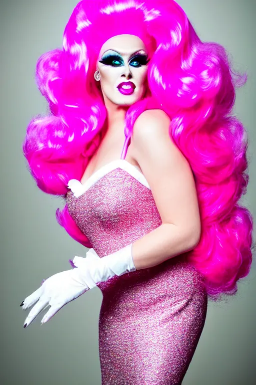 Image similar to 4k detailed portrait of a drag queen (man in drag) wearing: heavy drag makeup, pink glitter mermaid gown, white satin gloves, huge pink wig with bouffant hairdo and decorated with a hairbow, pink 7 inch high heels