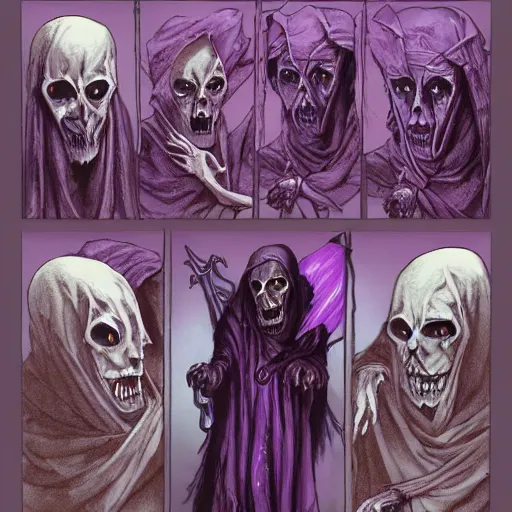 Prompt: cute undead purple cloaked liches, from the second edition of hollow's guide to summoning undead, summoning undead friends, highly detailed, by brom, by larry elmore, artstation