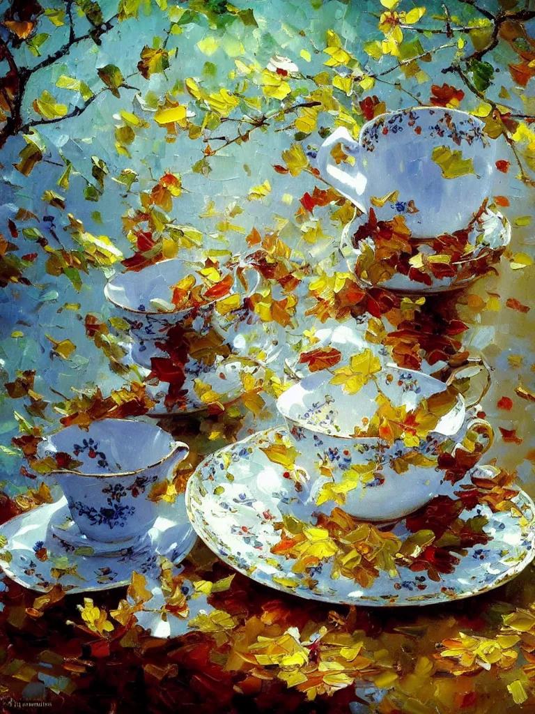 Prompt: tea cup, friends, amazing impressionistic oil painting by alexi zaitsev, melinda matyas, denis sarazhin, karl spitzweg, intricate details, fractal leaves, high quality, brush strokes, award winning, sharp focus, cool white