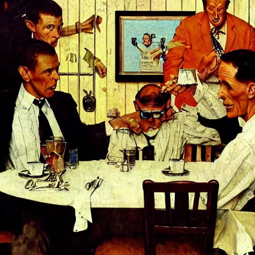 Image similar to the tallest man in the world gets himself into difficulties in a restaurant and threatens the horrified waiter, painted by norman rockwell and tom lovell and frank schoonover