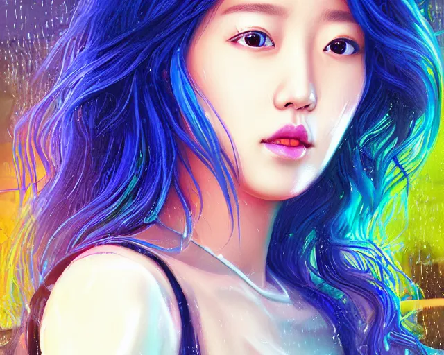 Image similar to a digital painting of park shin hye in the rain with blue hair, cute - fine - face, pretty face, cyberpunk art by sim sa - jeong, cgsociety, synchromism, detailed painting, glowing neon, digital illustration, perfect face, extremely fine details, realistic shaded lighting, dynamic colorful background