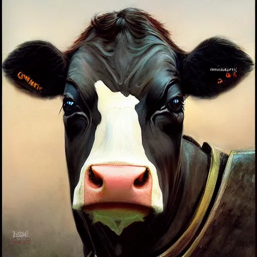 Image similar to cow as a realistic fantasy knight, closeup portrait art by donato giancola and greg rutkowski, realistic face, digital art, trending on artstation, symmetry!!