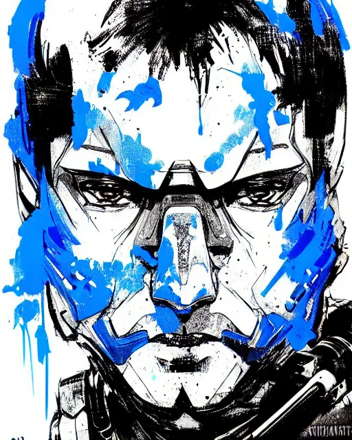 Image similar to portrait of a special ops swat officer, blue color splash, concept art, sumi - e style, intricate linework, artstation, trending, highly detailed, smooth, focus, art by yoji shinkawa,