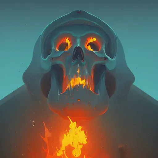 Prompt: A stunning profile of a symmetrical skull on fire Simon Stalenhag, Trending on Artstation, 8K