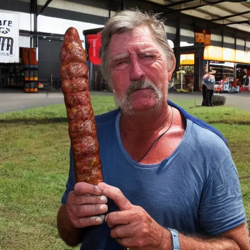 Prompt: john jarrat as mick taylor from wolf creek at a bunnings sausage sizzle, photorealistic, good lighting, award winning photograph