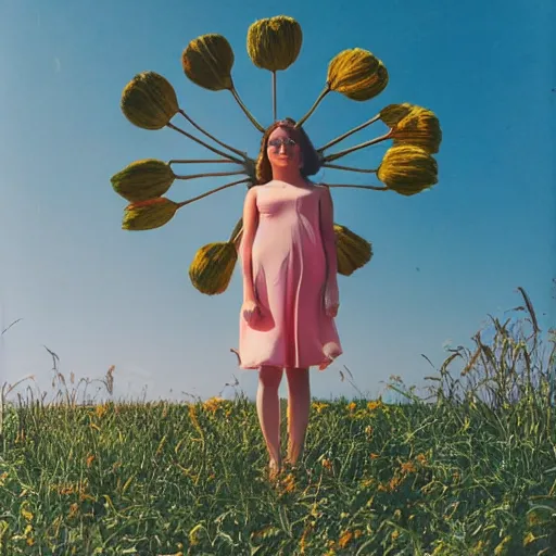 Image similar to giant flower head, full body, girl standing in hotel, surreal, symmetry, mid century, bright colours, blue sky, realistic, wes anderson