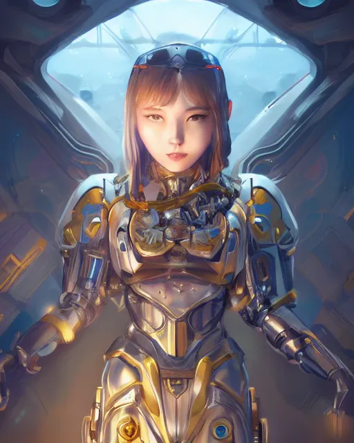 Image similar to holy cyborg girl with golden armor, elegant, scifi, futuristic, utopia, garden, colorful, lee ji - eun, illustration, atmosphere, top lighting, blue eyes, focused, artstation, highly detailed, art by yuhong ding and chengwei pan and serafleur and ina wong