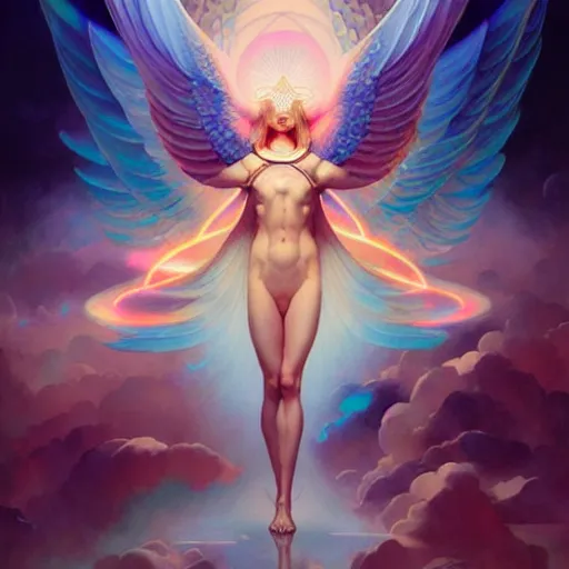 Prompt: psychedelic angelic celestial being artwork of peter mohrbacher, frank xavier leyendecker, energy body, sacred geometry, esoteric art, divinity detailed, saturated colors,