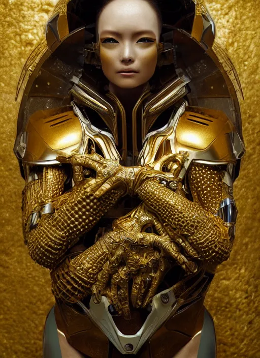 Prompt: portrait of a futuristic geisha cyborg with golden body armor holding a ecosphere with a plant inside, modern fine art, fractal, intricate, elegant, highly detailed, digital photography, subsurface scattering, by jheronimus bosch and greg rutkowski,