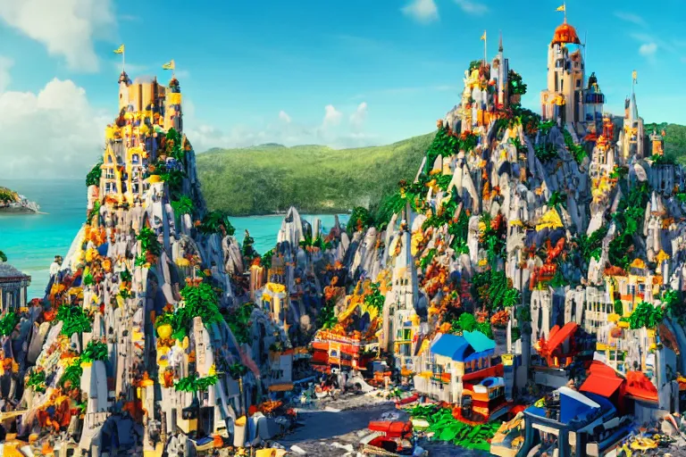 Prompt: a giant from Gulliver's Travels made out of Lego looking down on a Castle city made out of Lego, sunny day, tropical beach, octane render,