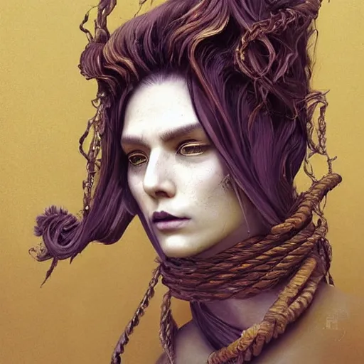 Image similar to portrait of a Shibari rope wrapped face and neck, headshot, insanely nice professional hair style, dramatic hair color, digital painting, of a old 15th century, old cyborg merchant, amber jewels, baroque, ornate clothing, scifi, realistic, hyperdetailed, chiaroscuro, concept art, art by Franz Hals and Jon Foster and Ayami Kojima and Amano and Karol Bak,