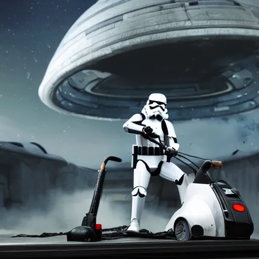 Prompt: An Imperial Stormtrooper riding a lawnmower in an alien spaceship, 4K HD