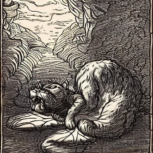 Prompt: Garfield the cat falling from heaving after his banishment, dramatic lighting, golden hour, woodcut style, by Gustav Dore, by Albrecht Durer, trending on artstation