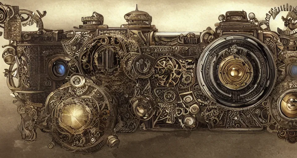 Image similar to A beautiful artwork illustration, extremely detailed and advanced steampunk-themed camera , featured on artstation, wide angle, horizontal orientation