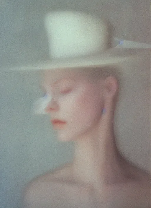 Image similar to out of focus photorealistic portrait of a beautiful pale young woman by sarah moon, very blurry, translucent white skin, closed eyes, foggy, closeup, with a weird hat