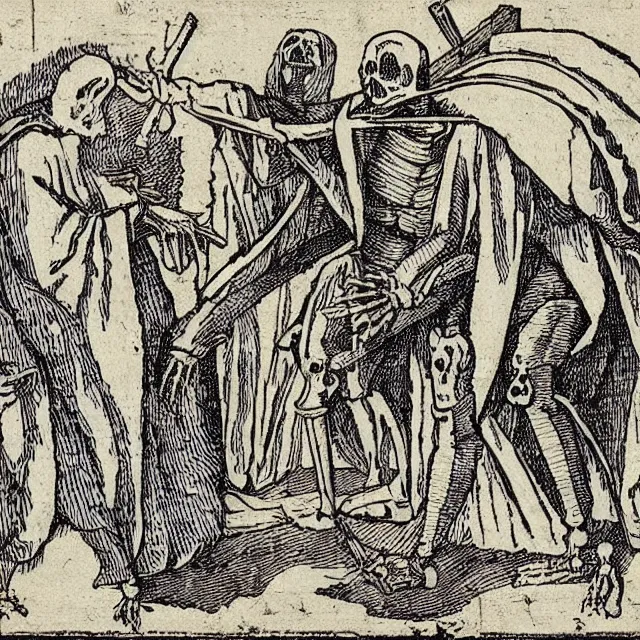 Prompt: “A woodcut of Death, a robed skeleton, totentanz by Melchior Lorck (1512)”